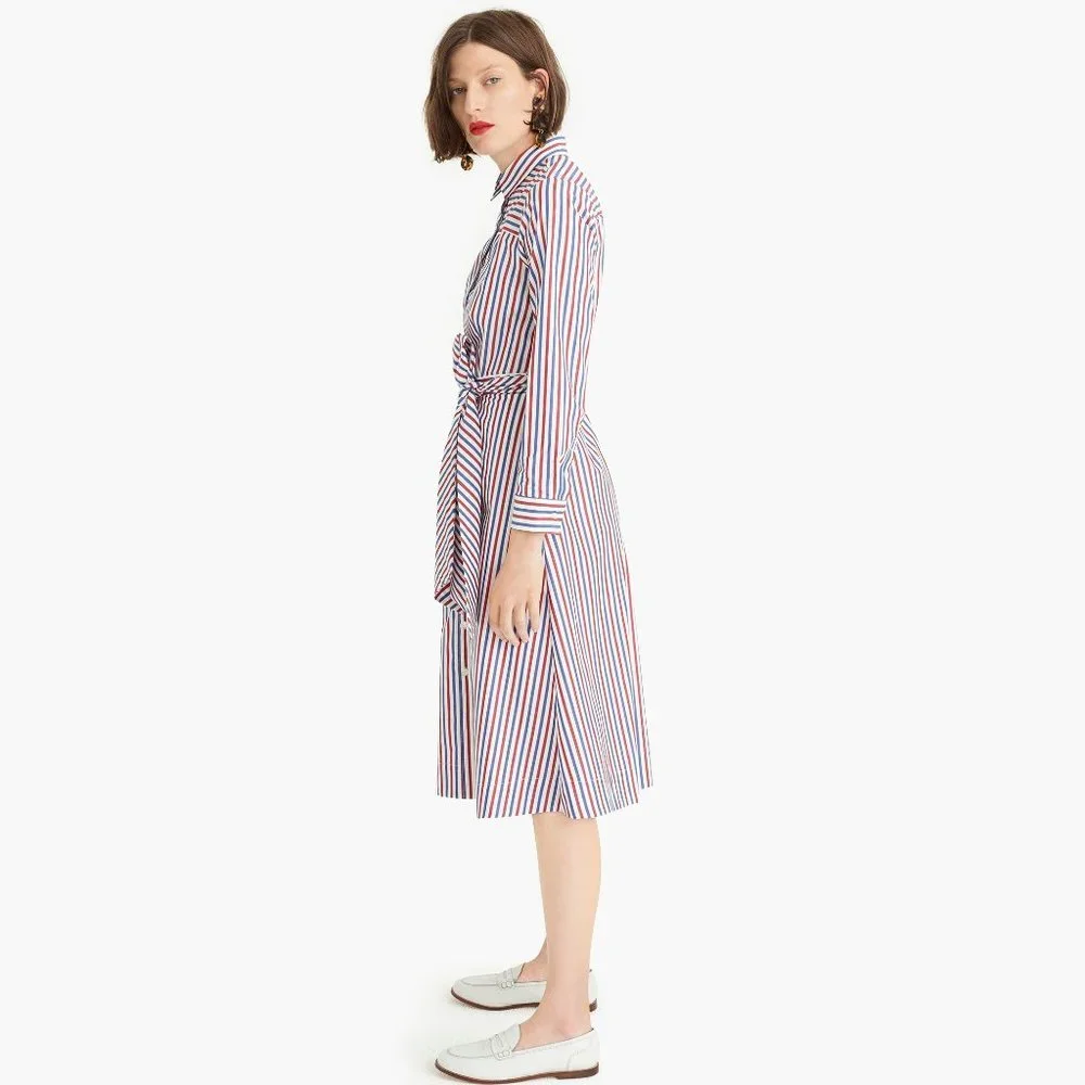NWT Womens Size 00 J Crew Red White Blue Stripe Tie-Waist Navy Shirt Dress
